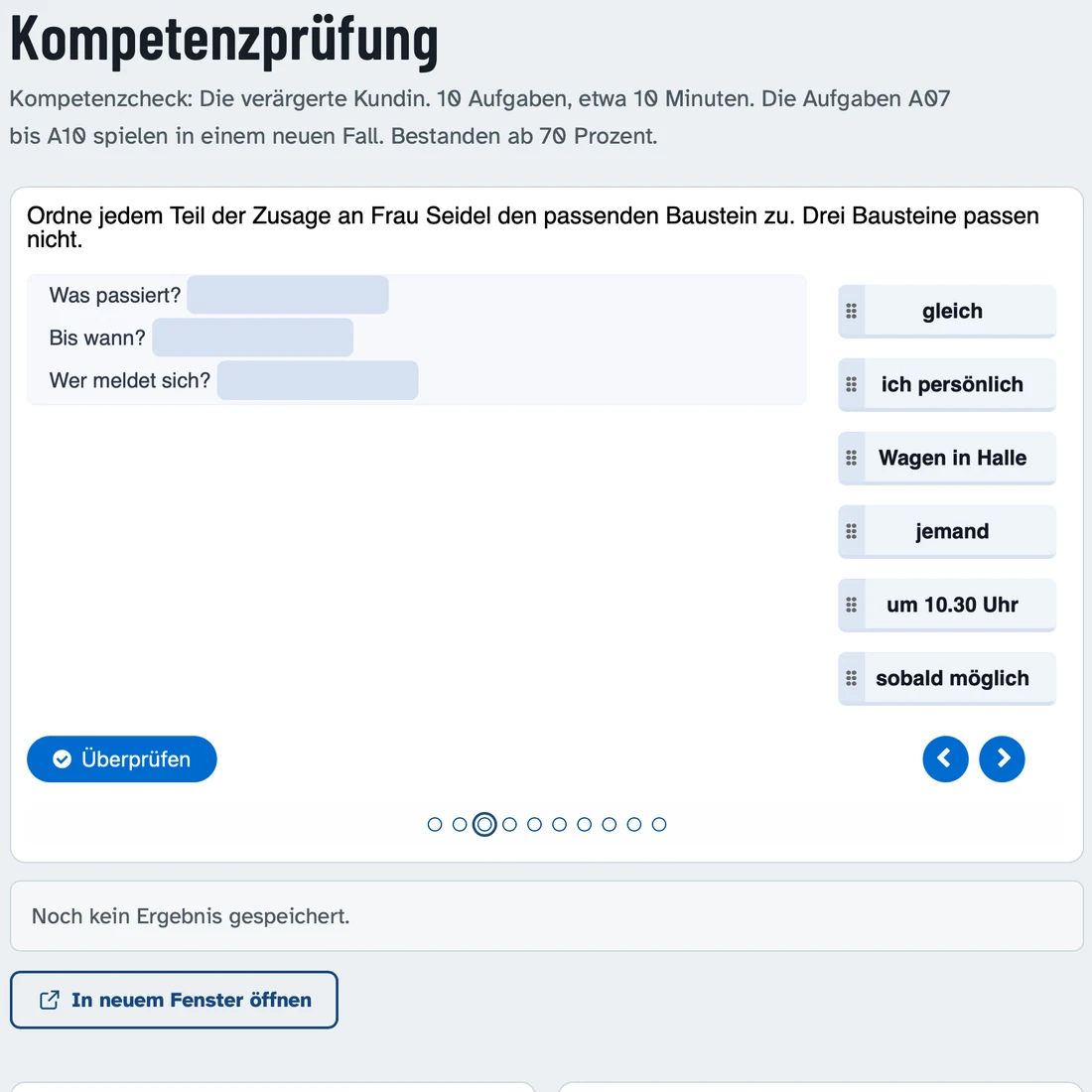 Screen of the competence check with a drag-and-drop task