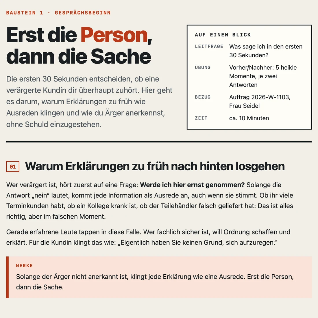 Screen of a knowledge module titled “First the person, then the matter”